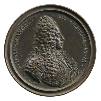 Bronze portrait medal of Antonio Manoel de Vilhena wearing a long, full-bottomed wig and armor,…