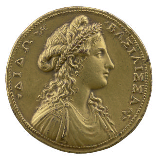 Gilt bronze medal of Dido of Carthage wearing classical dress, drop earrings, and a crown of le…