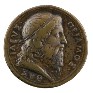 Bronze medal of Priam, King of Troy, with a full beard and long hair, in profile to the right