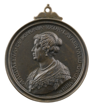Bronze portrait medal of Maddalena de La Tour d'Auvergne wearing a large cross, a pearl necklac…