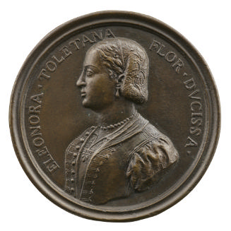 Bronze portrait medal of Eleonora of Toledo wearing a pearl necklace and pearl drop earrings an…