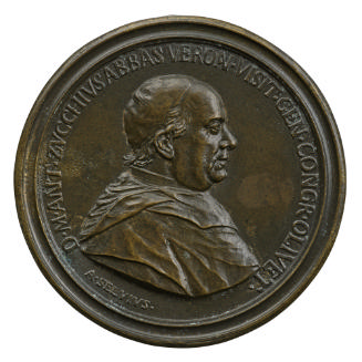 Bronze portrait medal of Marco Antonio Zucchi wearing a zucchetto, with a prominent double-chin…