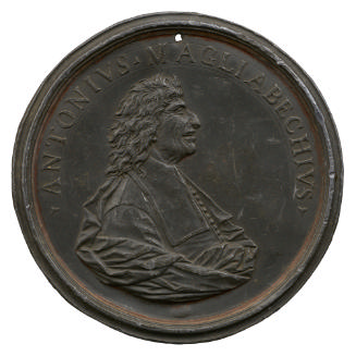 Lead portrait medal of Antonio Magliabechi with drapery around his shoulders and a long, rectan…