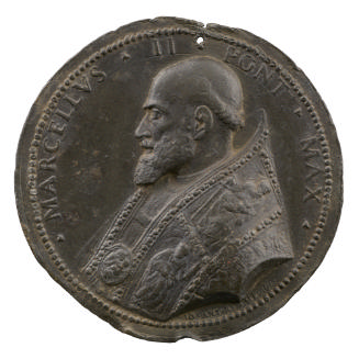 Lead portrait medal of Marcello Cervini, Pope Marcellus II with a tonsure, in papal robes, bear…