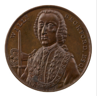 Bronze portrait medal of William Beckford wearing a periwig, a small collar and cravat, an unbu…