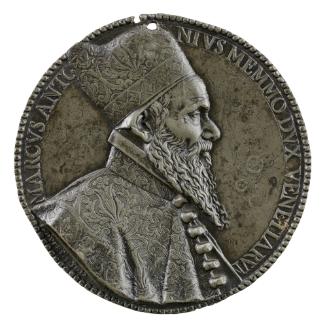 Lead portrait medal of Doge Marcantonio Memmo wearing a corneto and brocaded gown