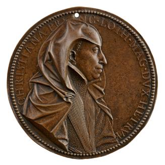 Bronze portrait medal of Christine of Lorraine, Grand Duchess of Tuscany wearing a widow’s veil…