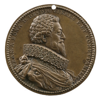 Bronze portrait medal of François de Bonne, Duke of Lesdiguières hair short and curled, wearing…