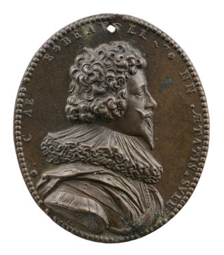 Bronze portrait medal of Michel de Beauclerc hair curled, wearing a soft, double-layered ruff, …