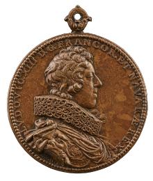 Bronze portrait medal of Louis XIII, King of France wearing armor, a ruff, and a sash