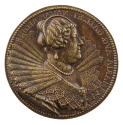 Bronze portrait medal of Marie de’ Medici, Queen of France wearing a massive fan-shaped collar …
