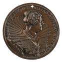 Bronze portrait medal of Marie de’ Medici, Queen of France wearing a massive fan-shaped collar …