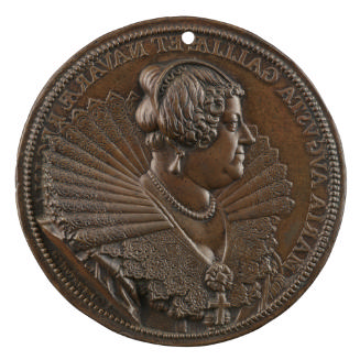 Bronze portrait medal of Marie de’ Medici, Queen of France wearing a massive fan-shaped collar …