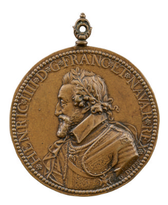 Bronze portrait medal of Henri IV with a laurel wreath, wearing ornately-decorated armor, a com…