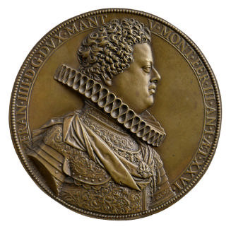 Bronze portrait medal of Francesco IV Gonzaga, 5th Duke of Mantua wearing armor and a large ruf…