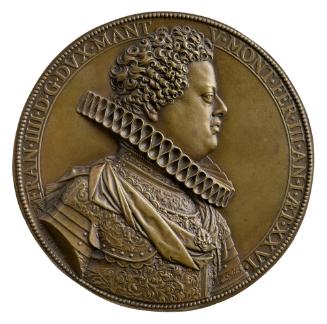 Bronze portrait medal of Francesco IV Gonzaga, 5th Duke of Mantua wearing armor and a large ruf…