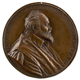 Bronze portrait medal of Pierre Jeannin wearing a magisterial robe over a high-collared shirt