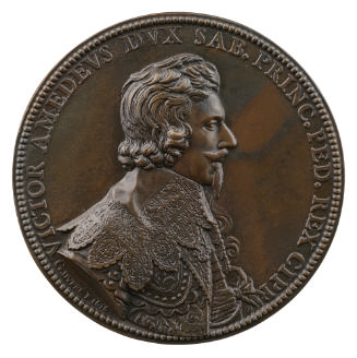 Bronze portrait medal of Victor Amadeus I, hair short and wavy, lovelock on left shoulder, wear…