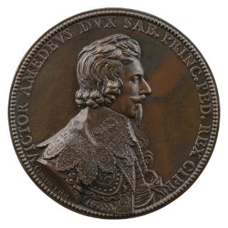 Bronze portrait medal of Victor Amadeus I, hair short and wavy, lovelock on left shoulder, wear…