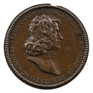 Bronze portrait medal of Louis Hesselin, all’antica, with lovelock on left shoulder; pearled bo…