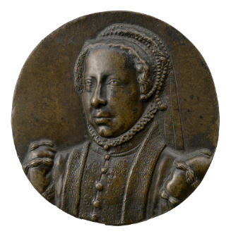 Bronze portrait medal possibly of Catherine de’ Medici in a French hood with veil with pearl bi…