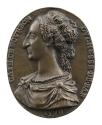 Bronze portrait medal of Catherine de Bourbon, her hair loosely tied up in classical style, wea…