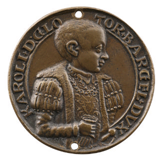 Bronze portrait medal of Charles (II or) III of Lorraine wearing a soft collar, a chain around …