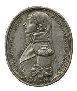 Lead medal of a man in profile to the left, hair in long pigtail, wearing a high cravat and mil…