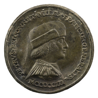 Lead medal of a man in profile to the right, wearing a cap with an upturned brim, a doublet, an…
