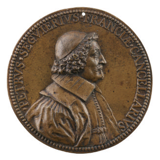 Bronze portrait medal of Pierre Séguier, hair short and curled, wearing a stiff collar, a skull…