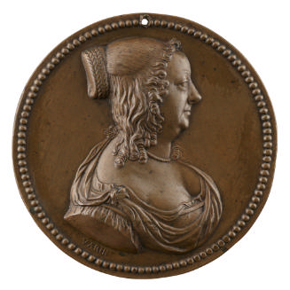 Bronze medal of a woman in profile to the right with hair pinned, wearing a pearl necklace and …