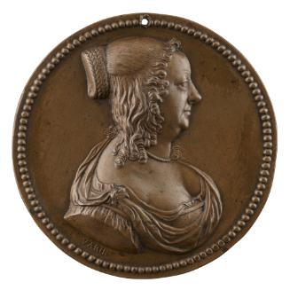 Bronze medal of a woman in profile to the right with hair pinned, wearing a pearl necklace and …