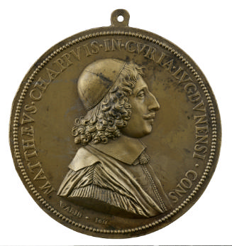Bronze medal of a man in profile to the right with curled hair wearing a cap and magistrate’s r…