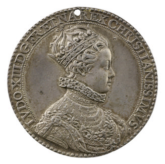 Silver portrait medal of Louis XIII, crowned, wearing a small lace ruff, an ermine surcoat over…
