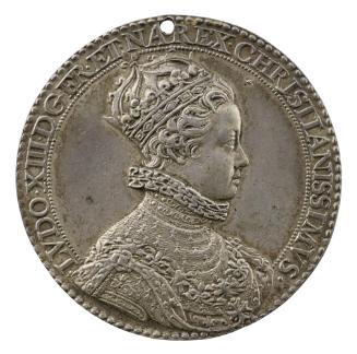 Silver portrait medal of Louis XIII, crowned, wearing a small lace ruff, an ermine surcoat over…