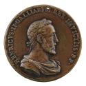 Bronze portrait medal of Henri II in classical dress (armor and a commander’s cape, clasped on …