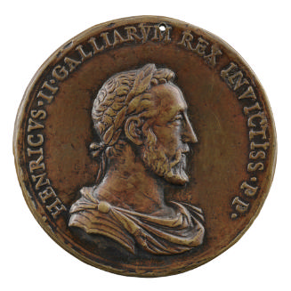 Bronze portrait medal of Henri II in classical dress (armor and a commander’s cape, clasped on …