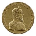 Gilt bronze portrait medal of King Henri II laureate, wearing decorated armor, ruff, and the Or…