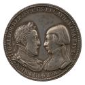 Silver portrait medal of Henri II laureate in armor and a commander’s cape, knotted on the shou…