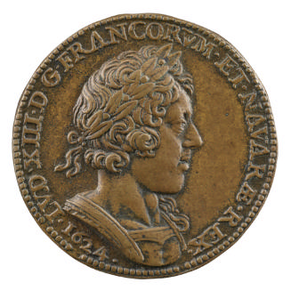 Bronze portrait medal of Louis XIII, King of France, laureate, and wearing armor, in profile to…