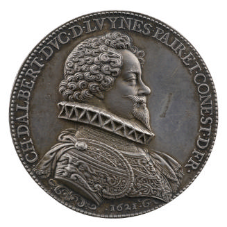Silver portrait medal of Charles d’Albert, duc de Luynes, with curled hair and a goatee, wearin…