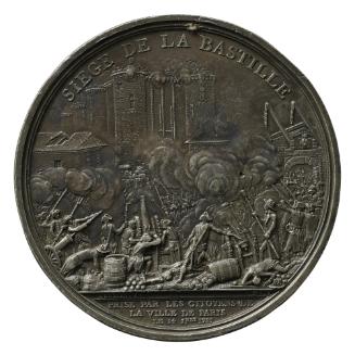 Lead medal depicting a crowd of armed citizens and members of the National Guard, surrounded by…