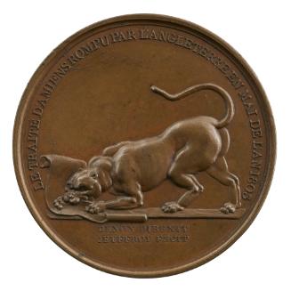 Bronze medal depicting an English leopard, tearing apart a scroll with its teeth and claws