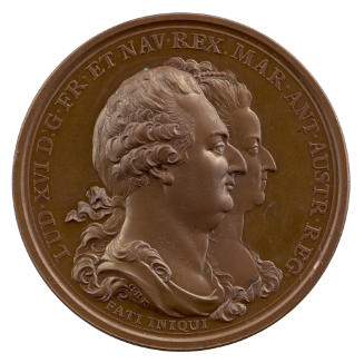 Bronze medal with overlapping profile portraits of Louis XIV and Marie-Antoinette