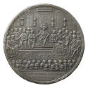 Tin medal depicting Louis XVI in full regalia seated on a throne surrounding by various represe…