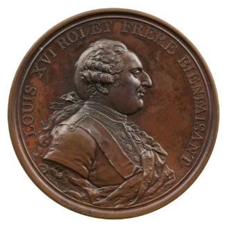 Bronze medal of a man in profile to the right wearing a lace cravat, a jacket with brocaded bor…