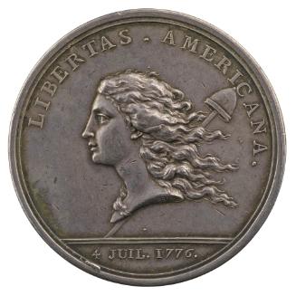 Silver medal depicting the figure of Liberty with her long hair blowing in the wind and the Phr…