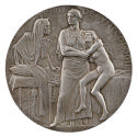 Bronze medal depicting a frightened nude woman on a hospital bed beside a table supporting medi…
