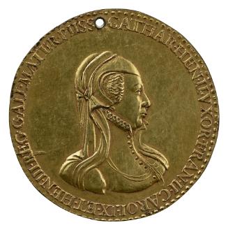 Gilt bronze portrait medal of Catherine de’ Medici in a plain French hold and widow’s veil wear…