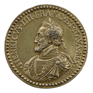 Gilt silver portrait medal of Henri IV, bearded and laureate, wearing a soft collar, armor with…